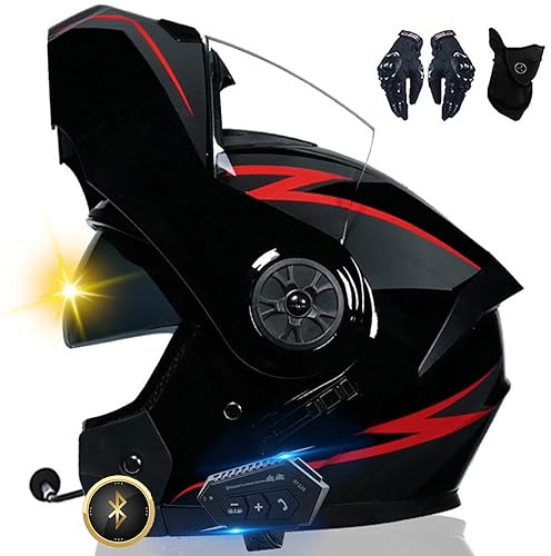 Casco da Moto Bluetooth, Casco Integrale con 2 Piloti Casco Bluetooth Intercom Omologato DOT/ECE, Leggero, con Doppia Visiera, Casco Modulare per Adulti Uomini Donne S~XL