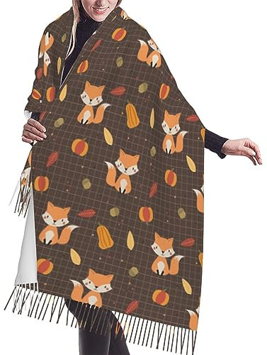 Niedliches Tier mit Fuchs- und Blättermuster, Damen-Schal mit Fransen, großer Schal mit weichem Kaschmirgefühl, leichte Stola, 196 x 68 cm