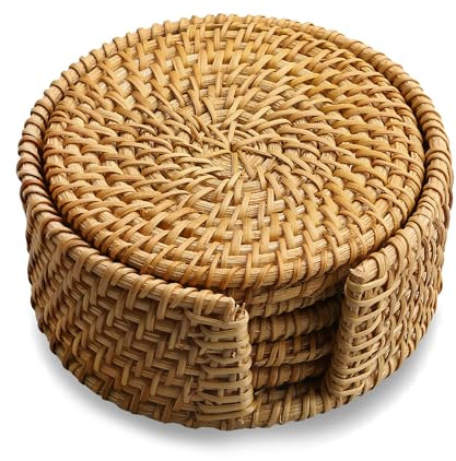 Luckious Rattan Coasters Set of 6 - Handmade Woven Cup Coasters, Weave Coaster Mat, Natural Elegance for Drinks and Pots (10CM)