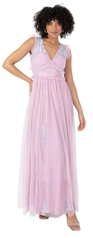 Maya Deluxe Women's Ladies Maxi Dress Plunge V-Neck Short Flutter Sleeve Sequin Embellished Ruffle Tulle A-line Prom Ball Gown Dawn Pink 8
