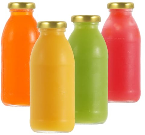 LIMILI Glasflaskor med lock, 4 st mjölkflaskor i glas med lock, 300 ml dricksflaskor i klara glas, juiceflaskor, smoothie, återanvändbara mjölkflaskor för proteinförberedelse, kylskåp och
