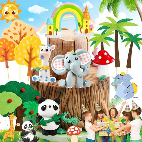 Weploda 12 Stück tortendeko wald tiere, Safaritiere kuchendekoration, Dschungel party kuchen deko bäume, Waldtiere kuchen deko für kinder geburtstag, Giraffe elefant panda kuchendekoration