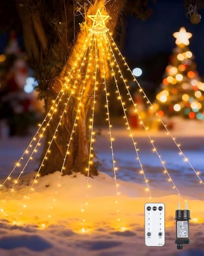 TobeBright Weihnachtsbeleuchtung Außen, LED Lichterkette für Weihnachtsbaum Wasserfall 9 Stränge 3,5m 360 LEDs mit Sternen Dimmbar 8 Modi Sternengirlande für Weihnachtsbaum Party Hof