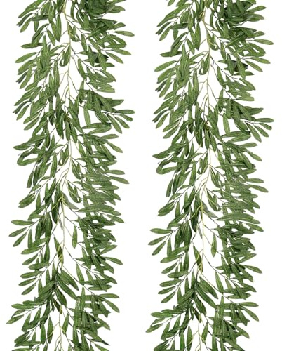 RECUTMS 2Pcs Artificial Olive Leaves Garlands 6.2Ft-Fake Hanging Silk Willow Leave Ivy Vines Faux Bayberry Leaf Twigs Greenery Rattan for Indoor Outdoor Wedding Birthday Party Home Garden Table Decor
