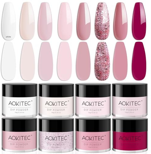 Aokitec Dip Powder Set, 8 colours Dipping Acrylic Powder, Pink Series for French Nail Art Holiday Party Travel Nails, Easy to Use, No Lamp Needed, Gift for Women Girls