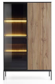 MINIO go for it - Vitrine 166 cm mit LED, Glasvitrine mit 2 Türen (1verglast), mit 6 Regale, Glasvitrine Stehend mit 1 Schublade, Vitrinenschrank mit 8 Nischen - Schwarz Graphit/Wotan Eiche
