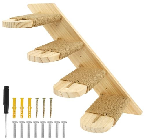 Wood Cat Wall Stairs with Sisal Rope 43cm 4 Steps Cat Climbing Shelf Wall Mounted Cat Ladder Reversible Left and Right Cat Stairway for Cat Perch Sleeping