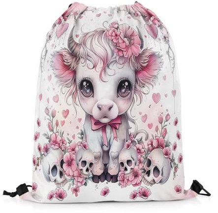 Rucksack Mit Kordelzug Kuh Verträumt Halloween Totenkopf Hochlandrind Romantisch Blumen Herzen Sportrucksack wasserdichte Zuziehbeutel Faltbar Gymnastikbeutel, Für Schule, Yoga, 36x42cm