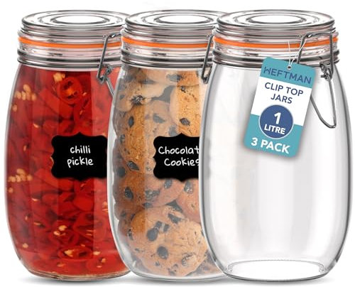 HEFTMAN Glass Clip Top Jar Set of 3-1 Litre Airtight Glass Jars with Lids and Silicone Seal for Pasta, Sourdough Starter, Chutney - Kitchen Organisation Empty Glass Storage Jars (1L - 3 Pack)