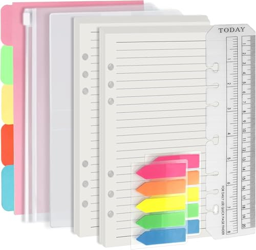 Harphia Lot de 90 feuilles de papier A5 à 6 trous avec autocollants et séparateurs - Inserts de planificateur avec pochettes pour cahier rechargeable A5 - Lignes