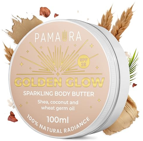 Pamaura Sparkling Body Butter with wheat germ oil and DOUBLE gold shimmer SPF25