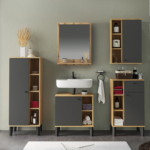 Lomadox Badmöbel-Set 5-teilig mit Waschbeckenunterschrank 60 cm, in Eiche mit grau, modern