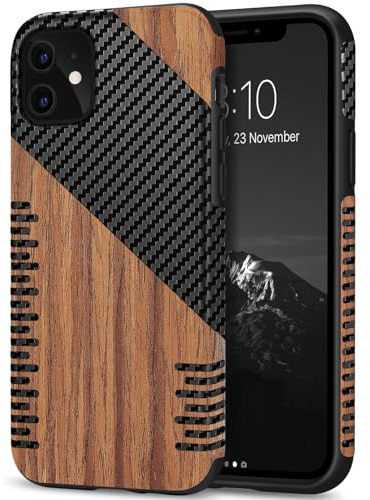 TENDLIN Coque Compatible avec iPhone 11 Etui Hybride en Bois et Carbone et Cuir Compatible avec iPhone 11 (Twill)