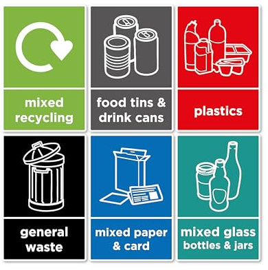 6x Recycling & General Waste Bins Stickers Self Adhesive Vinyl 150 × 100 mm Waterproof General Waste Decals Removable Mixed Recycling Signs for Outdoor Kitchen Pack of 6 Trash Garbage Can Stickers P