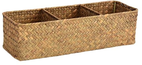 Panier en rotin avec poignée style rétro 3 compartiments 33 x 12, 7 x 10 cm panier de rangement tissé pour cosmétiques clés et bijoux