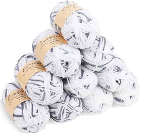 Coopay Wolle zum Häkeln, Farbverlauf Häkelgarn 10x45g, Wolle zum Stricken, Weiche Bunt Milchfaser Baumwolle zum Häkeln, 5-Fädig, Schöne Häkelwolle für Schal, Socken, Babykleidung, Puppe - Weiß Grau