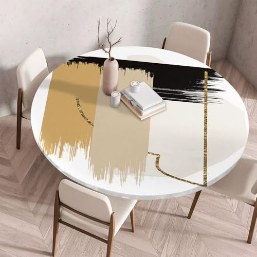 Morbuy Plastificata Tovaglia Rotondo con Bordo Elastico, Tovaglie da Tavola Antimacchia Plastica Tovaglia per Salotto Caffè Pranzo Giardino Decorazione -Astratto Pittura 3D (Nero,130cm)