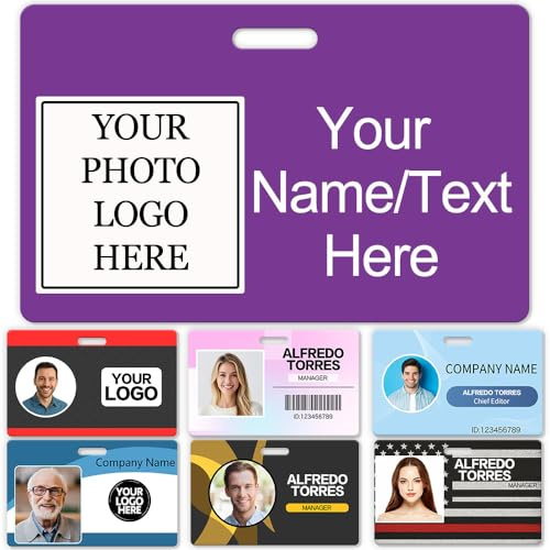 Porte-badge personnalisé avec cordon - Carte d’identification de travail personnalisée pour bureau - Impression recto-verso - Nom, photo et logo - Horizontal