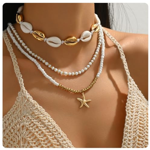 AMateschitz Boho Muschel Choker Halskette Seestern Anhänger Halskette Natürliche Muschel Kette Sommer Strand Muschelkette Ethno Perlenkette Samen Perlen Kette für Fasching Strandparty Gold