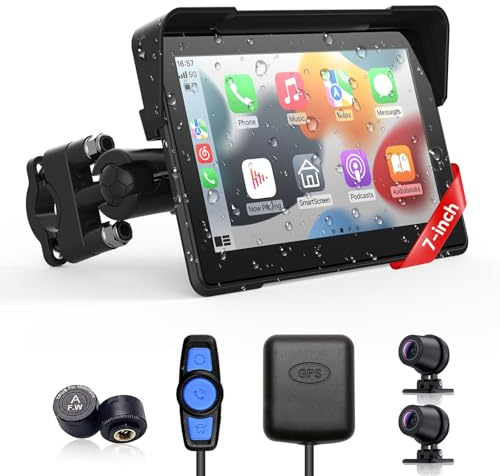 Wireless Motorcycle Apple Carplay & Android Auto,7 Inch Touchscreen with AHD Dual Cam,Siri & Google Assistant, Looping Recording/BSD/Bluetooth 5.2/ GPS/Remote Control/TMPS /IP69K Waterproof /128GB