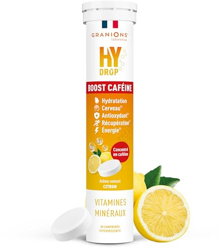 GRANIONS HYDROP Boost Caféine - Pastilles Hydratation - Citron - SANS SUCRES - Fabriqué en France - Electrolytes Hydratation - Vitamines, Minéraux, Magnesium - 20 Pastilles Effervescentes