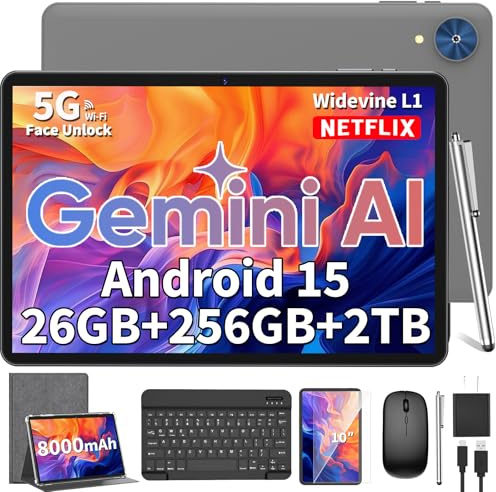 2026 Android 15 Tablet, 10 inch Tablet with Keyboard, 24GB+256GB+2TB Expand, 2-in-1 Tablets with 8-Core, 5G WiFi, 8000mAh, BT5.0, GMS, GPS, Gemini AI, Tablets PC with Mouse, Case, Stylus (Silver)