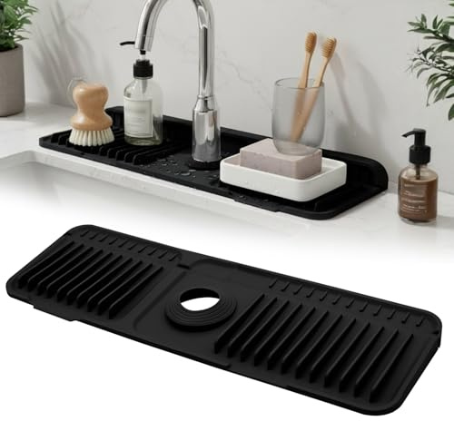 Yunkctuk Kitchen Sink Splash Guard, Silicone Faucet Mat with Button, 90° Foldable, Trimmable, Sloped Fast Draining, Faucet Handle Drip Catcher Tray for Kitchen, Bathroom Countertops (Black)