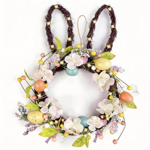 Solihigh Easter Wreath for Front Door with LED Lights, 16 Inch Colorful Eggs and Rabbit Ear Door Wreaths,Easter Decorations for Farmhouse, Wedding, Home, Window, Wall, Fireplace Spring Summer