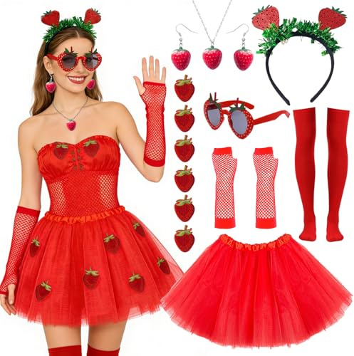 HTTDSLF Traje de Fresa para Adultos, Disfraz Divertido de Fruta - Diadema de Fresa|Gafas de Sol|Guantes|Pendientes, para Fiesta Temática Disfraz de Carnaval Cosplay y Eventos Divertidos