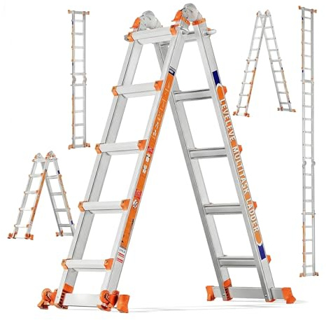 Moonlight Manor 5-Stufen-Mehrzweckleiter: 5-Stufen-Stehleiter & 17-Fuß (5,18 m) Ausziehleiter • Mit Stabilisator & Rädern • 150 kg Traglast • Sicher für Treppen • Für Innen, Außen und Dach