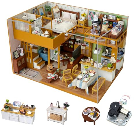 DIY miniatyr dockhus kit japansk stil loft mini dockhus arkitektonisk modell, vuxen monteringssats, 3D träpussel, heminredning