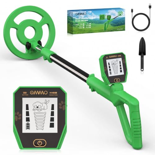 OMMO Détecteur de Métaux Enfants, Rechargeable Detecteur de Metaux, Vert | 69-95cm Réglable Détecteur de Métaux avec Écran LCD, Haute Sensibilité, IP67 Étanche pour Exploration en Plein Air