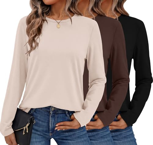 Ekouaer 1/3 Pack Womens Tops Long Sleeve T Shirts Soft Basic Tunic Top | Casual Ladies T Shirt, Round Neck Tshirts, Autumn Winter, Comfortable & Lightweight, Easy to Match, Going Out, Office