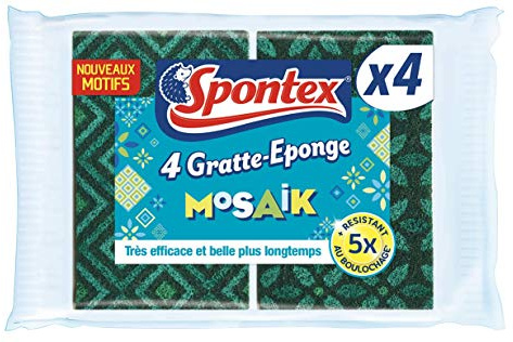 Spontex – Rasqueta de Esponja Mosaïk – 4 esponjas rascadoras Verdes Decoradas con Motivos Coloridos estéticos
