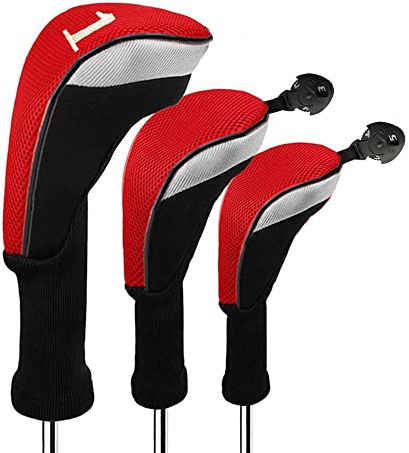 Couvre Club De Golf Bois Housses Interchangeables sans Etiquette Hybrid Driver Fairway Set, Golf Club Head Cover Femme Homme Enfant Noir Bleu Rouge (3 Pack—Rouge 1 Driver+1 Fairway+1 Hybrid)