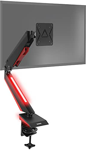 Duronic Monitor Arm Stand DMGM5X1 | Single PC Desk Mount with Red LED Lights | Height Adjustable | For One 15-32 Inch Screen | VESA 75/100 | 8kg Capacity | Tilt +90°/-85°, Swivel 360°,Rotate 360°