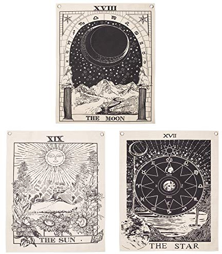 Simpkeely Pack of 3 Tarot Tapestries, The Sun The Moon The Star Tarot Card Tapestry Medieval Divination Wall Hanging with Rustproof Grommets, Mysterious Tapestry for Bedroom – 16 x 20