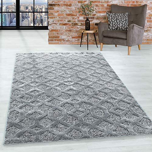 HomebyHome Hochflor Shaggy Teppich - 3D Retro Design 280x370 cm Grau - Für Wohnzimmer, Schlafzimmer, Esszimmer, Küche - Boho Style, 20 mm Florhöhe, Extra Weich, Flauschig, Pflegeleicht