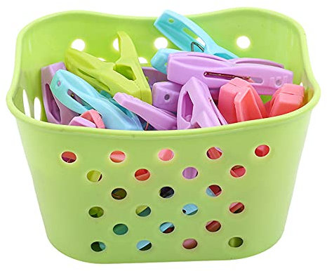 TopHomer 30Pcs Clothing Clips Pegs With a Basket Multifunction Clothes Clips Windproof Clothes Pins for Clothesline/Clothing/Socks 4 Colors Basket for Choose