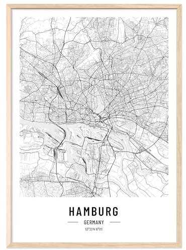 JUNOMI® Hamburg Poster DIN A2 mit Rahmen Natur, DIN A2 Wohnzimmer Deko, Modernes Wandbild, Hamburg Bild, Wandbild mit Rahmen, Stadtplan Poster Hamburg, perfekte Geschenkidee für Hamburger