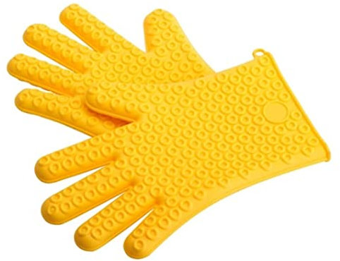 Tigrun Grillhandschuhe Ofenhandschuhe Topfhandschuhe Dicke Silikon-Fünf-Finger-Hochtemperatur- Und Verbrühungshandschuhe Küchenisolierung Backofenhandschuhe Gelb, 2St Backhandschuhe Kochhandschuhe