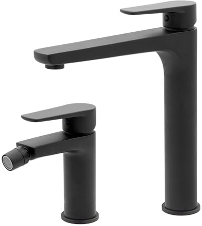 Set miscelatori lavabo alto e bidet nero opaco in ottone, piletta di scarico per bidet e flessibili di collegamento inclusi, serie ERIKA