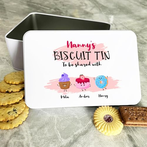 Personalised Smiling Pastry Characters Pink Splash Nanny's Cake Biscuit Tin Personalised Gift | Custom Gift | Personalized Tin | Cake, Biscuit & Treat Tins | Gift For Her | Gift For Him