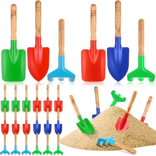 Gisafai 24 Pcs Kids Gardening Tools Set Metal Kids Garden Tools with Sturdy Wooden Handle Safe Toddler Gardening Set Shovel and Rake for Summer Beach Camping Outdoor Digging Sand Play