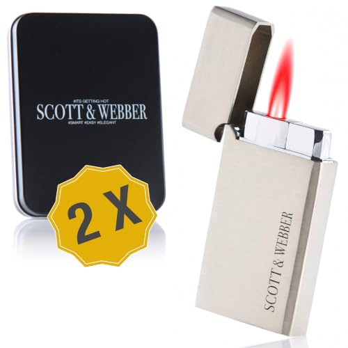 Scott & Webber® Sturmfeuerzeug Jetflamme - Metall, Nachfüllbar, Windfest, einstellbar bis 1300°C Inkl. edler Metall Geschenkverpackung, Feuerzeuge ohne Gasinhalt (Silber Square 2er Set)