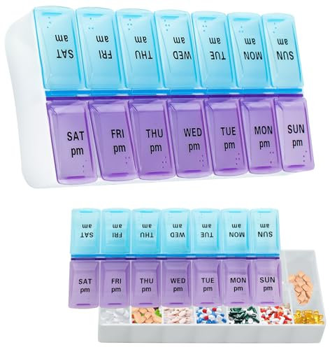 Tablettenbox 7 Tage 2 Fächer Morgens Abends Pillendose Handlicher Wöchentlicher Pillenbox Medikamentendosierer Tablettenbox für Medikamente, Vitamine, Fischöl (Blau und Lila)