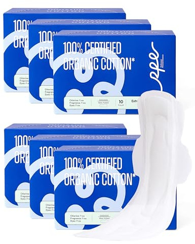 100 % organische, superlange Damenbinden für Damen, ultradünne Damenbinden mit Flügeln, starker Durchfluss, feminine Einlagen, ultimative Saugfähigkeit, volle Abdeckung, extra lang über Nacht, Größe 6