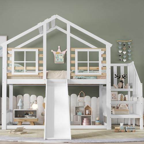 Sapgaks Lit cabane Enfants 90x200,lit superposé Enfant en Bois avec escalier,lit Mezzanine 90x200 avec Toboggan et fenêtre,en rondins avec Protection antichute,Cadre en Bois Massif,Blanc