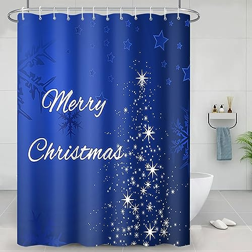 JUZGTSIT Cortinas de ducha con diseño de estrella blanca, copos de nieve, telón de fondo azul oscuro, para decoración de baño, tela de poliéster con ganchos, 60 x 72 pulgadas