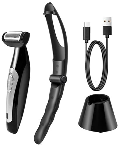 Layhou Rasoir électrique pour le dos - Pour homme - Poignée amovible et pliable - Lavable - Utilisation humide et sèche - Avec station de charge